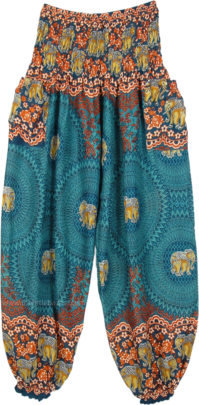 Teal Blue Elephant Mandala Print Harem Pants