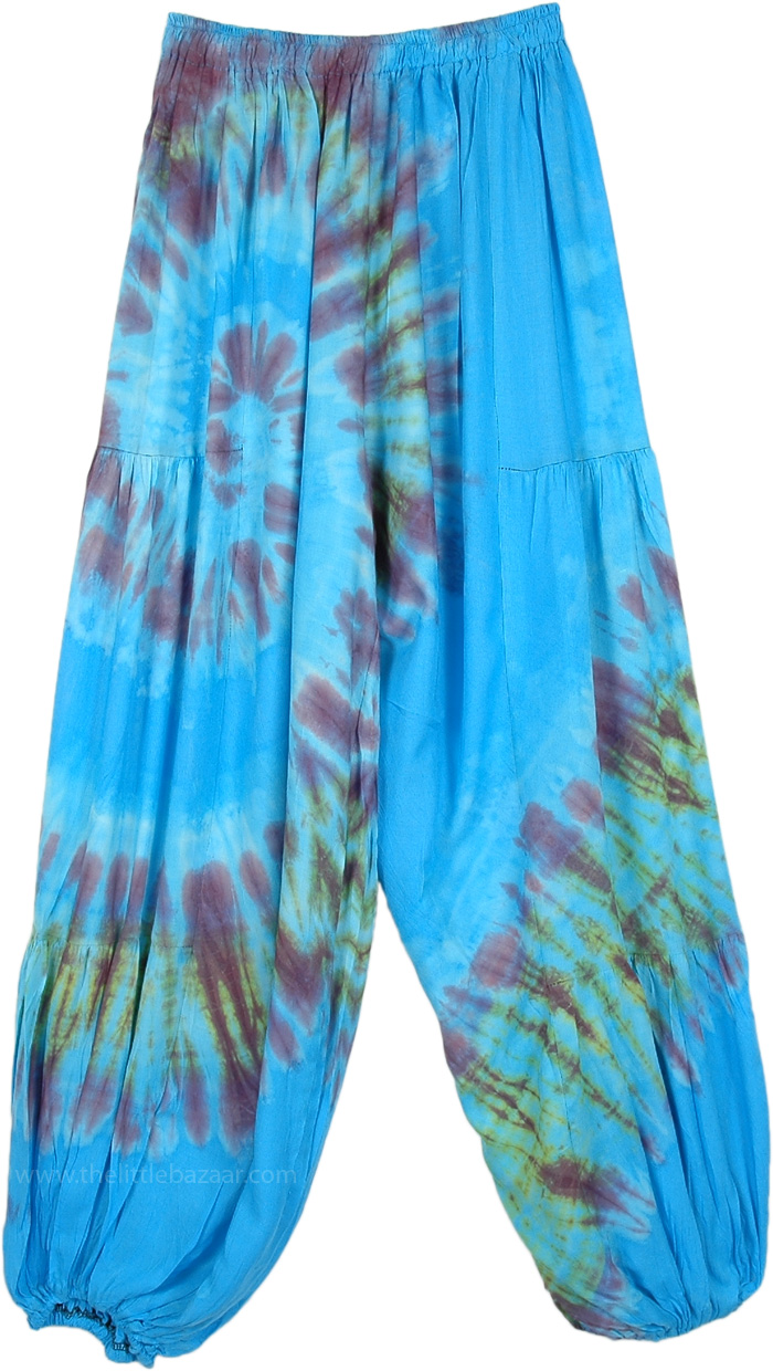 Tie Dye Swirl Boho Harem Trousers in Turquoise Blue