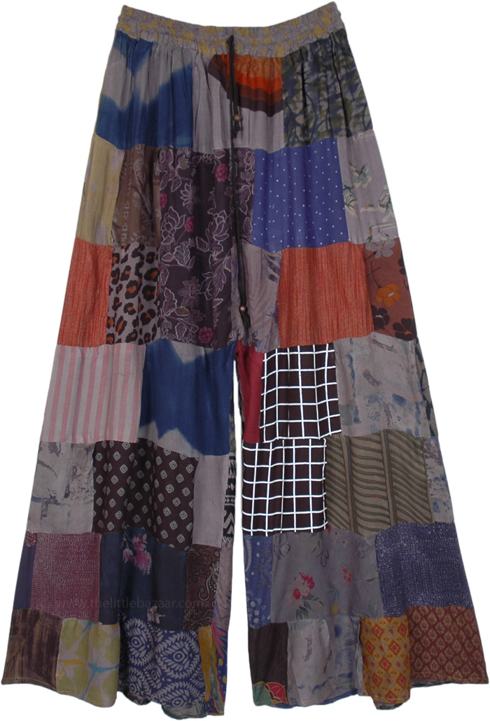 Mixed Patchwork Wide Leg Rayon Trousers 