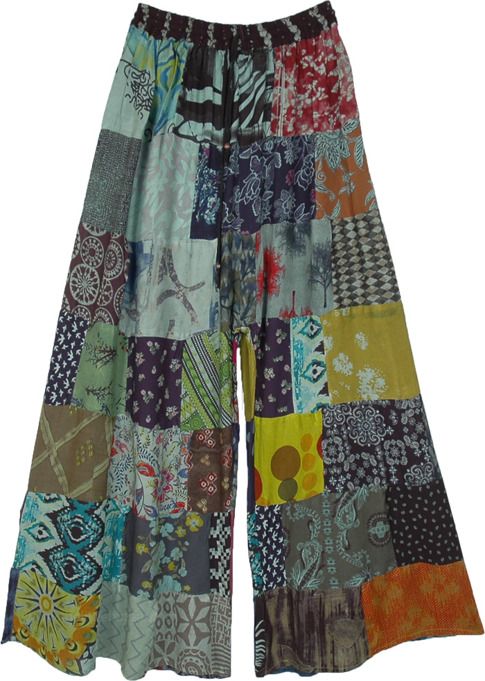 Wide Leg Hippie Green Patchwork Pants 