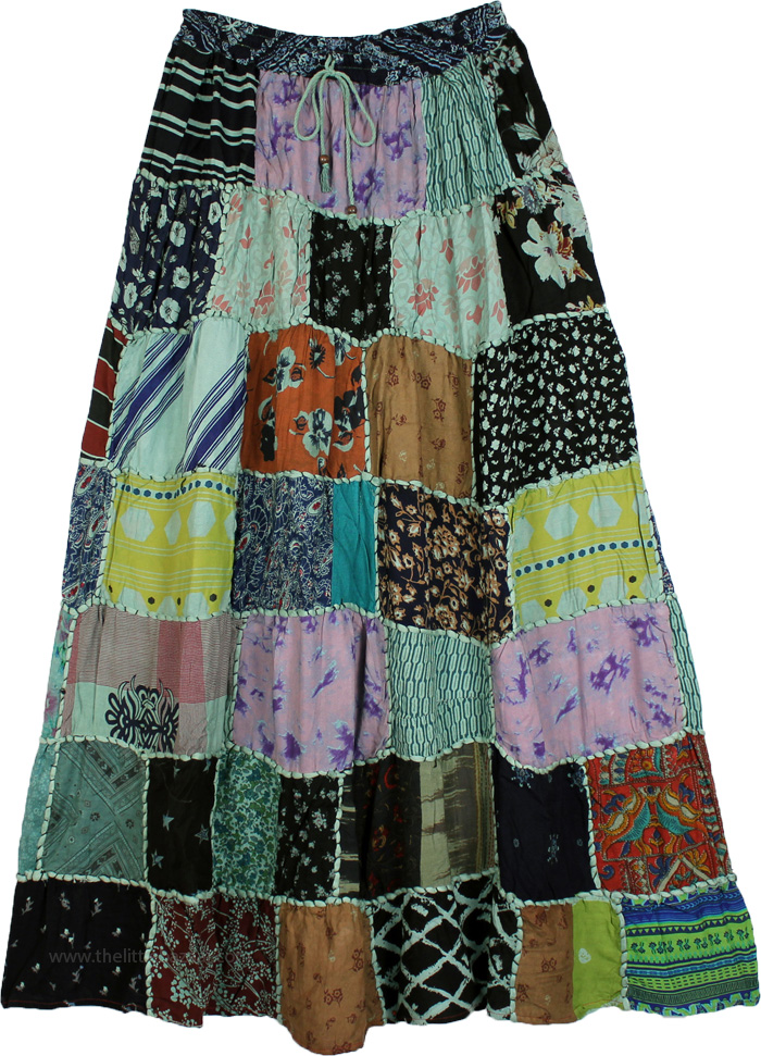 Green Hues Rayon Long Patchwork Boho Skirt