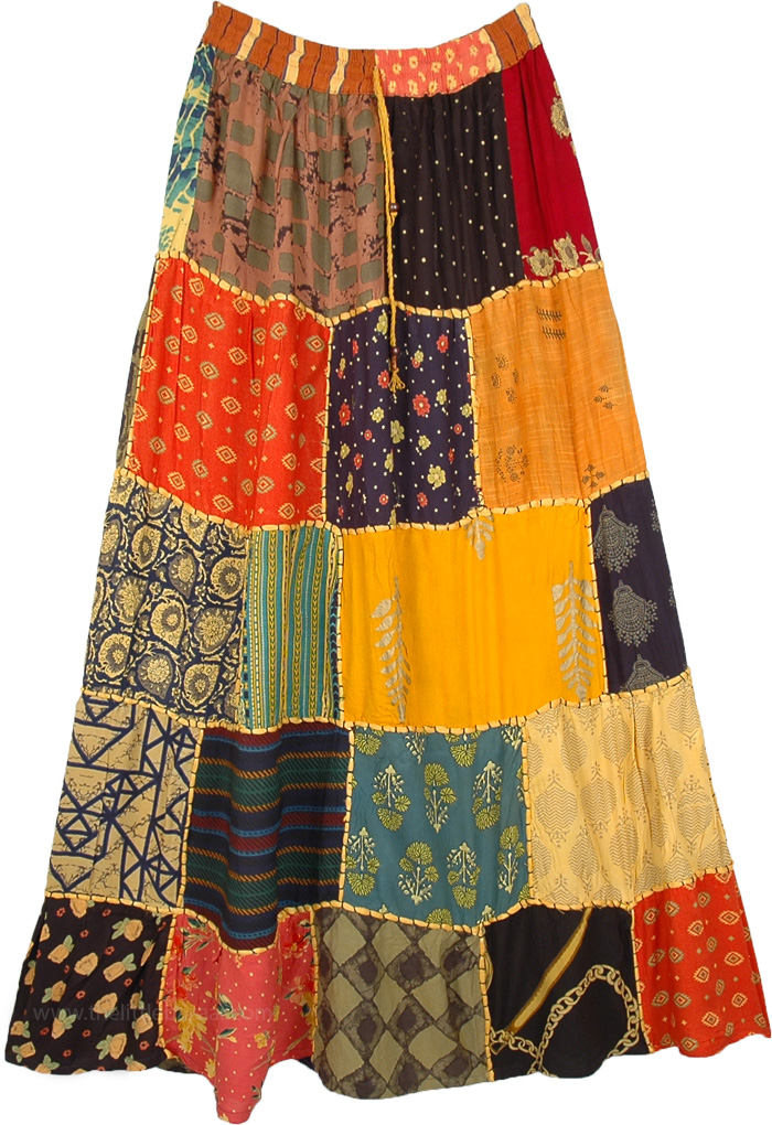 Easy Pull Up Rayon Long Patchwork Skirt in Colorful Coral