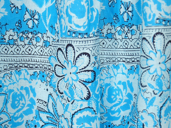 Blue Boho Cotton Skirt with White Floral Print