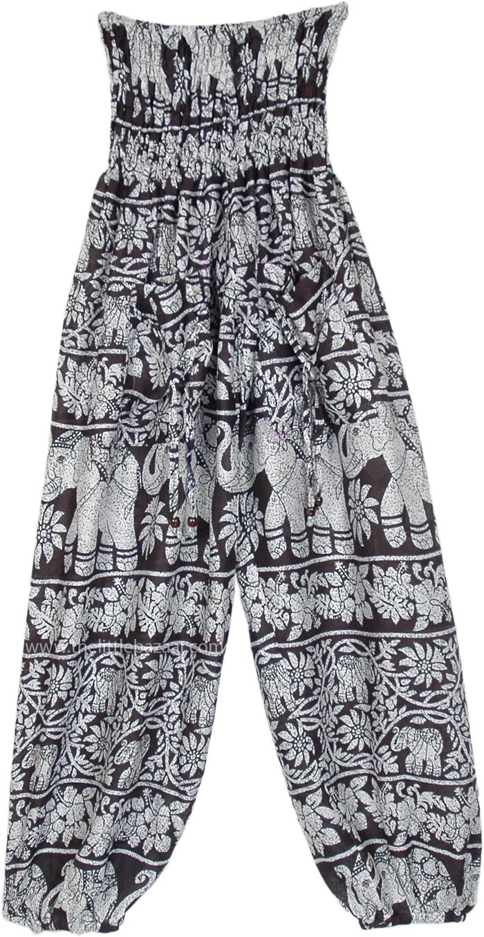 Black White Smocked Harem Pants with Ethnic Elephant Print