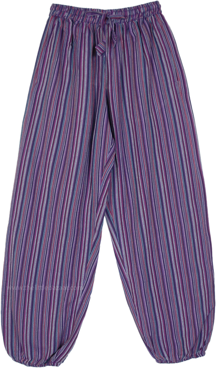Purple Striped Cotton Harem Pants with Pockets