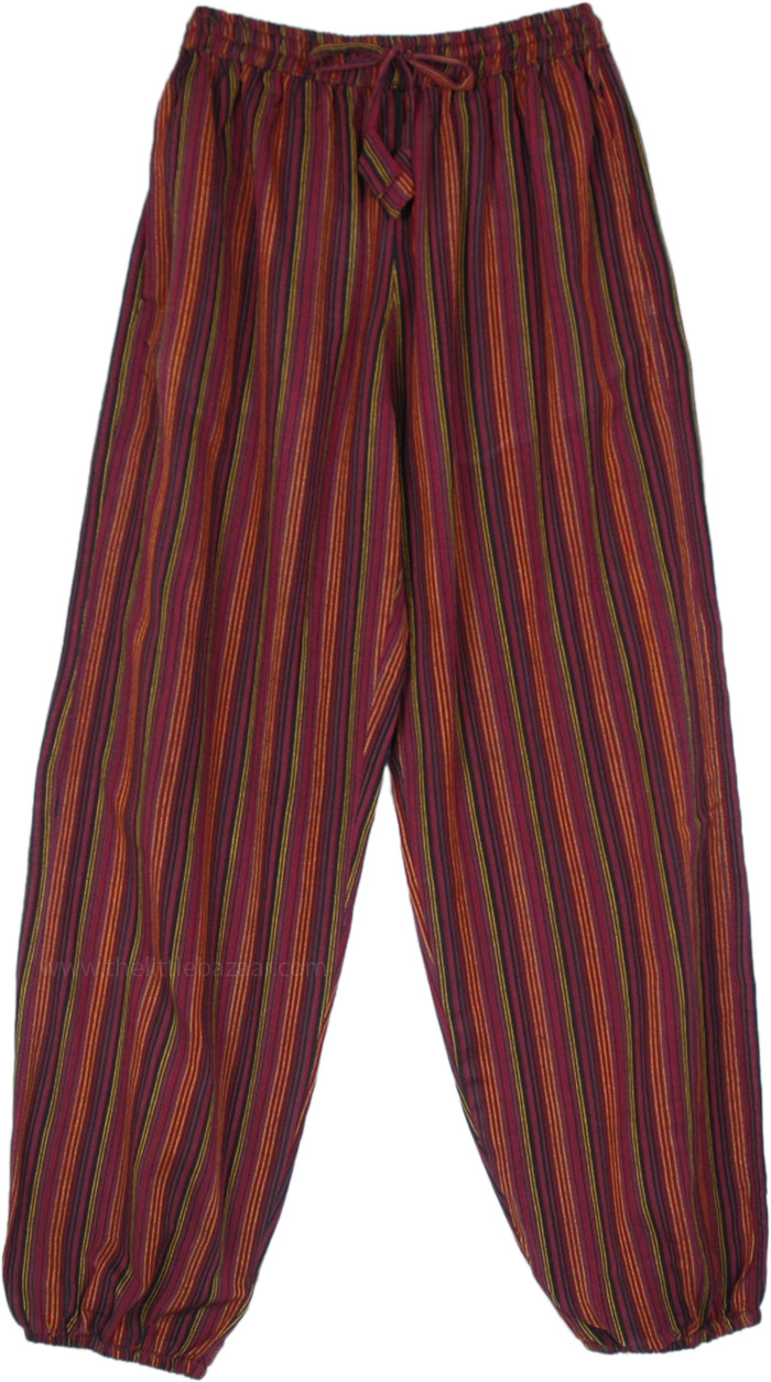 Hippie Maroon Striped Cotton Pants with Pockets