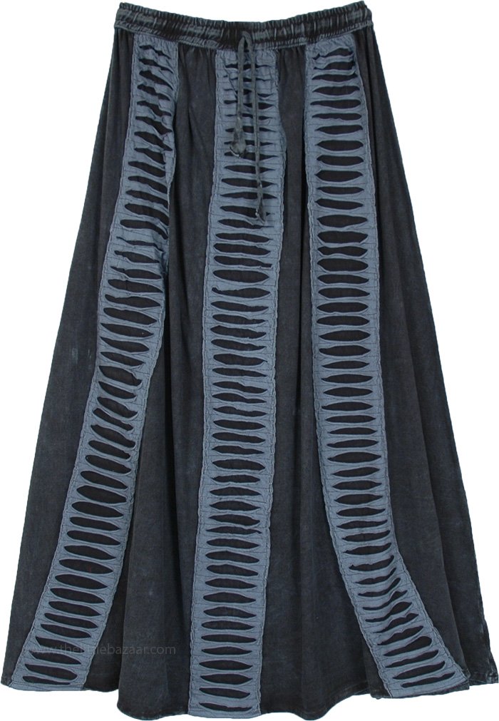 Black Gray Elastic Drawstring Waist Boho Long Skirt