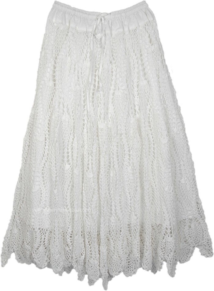 Natural White All Over Crochet Pattern Cotton Long Skirt