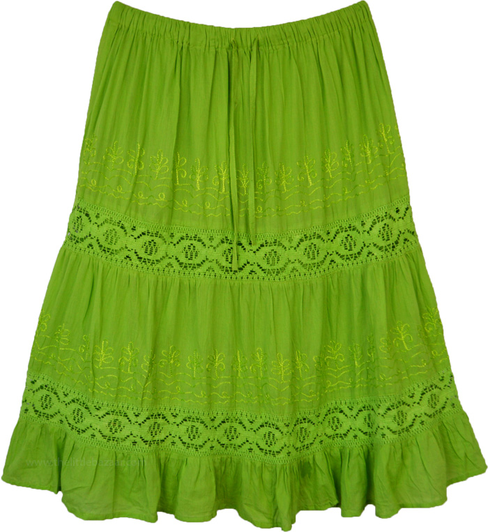 Parrot Green Flared Skirt with Lace Details