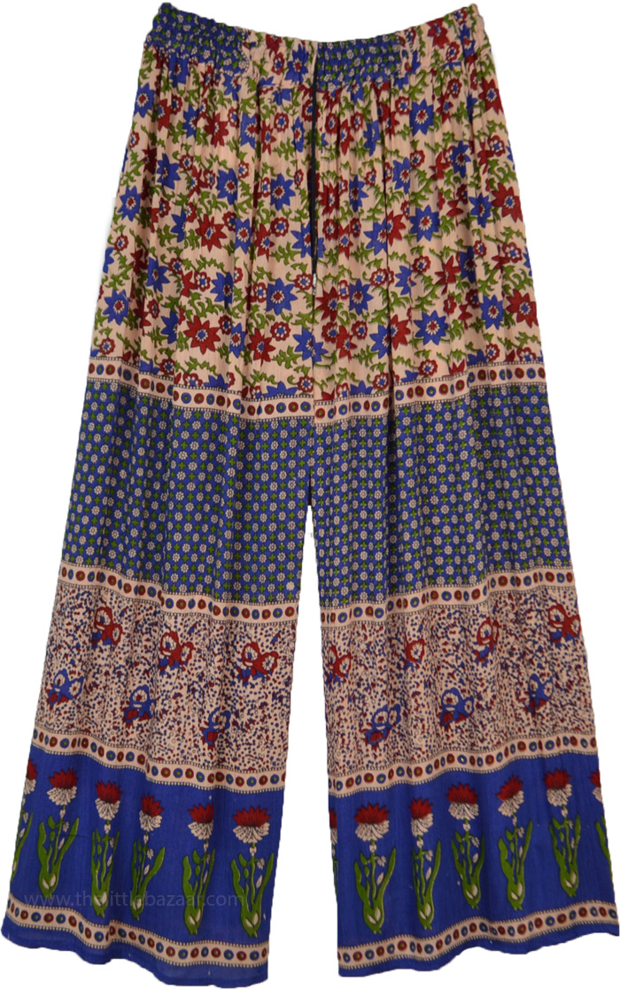 Blue Wide Leg Floral Printed Rayon Lounge Pants