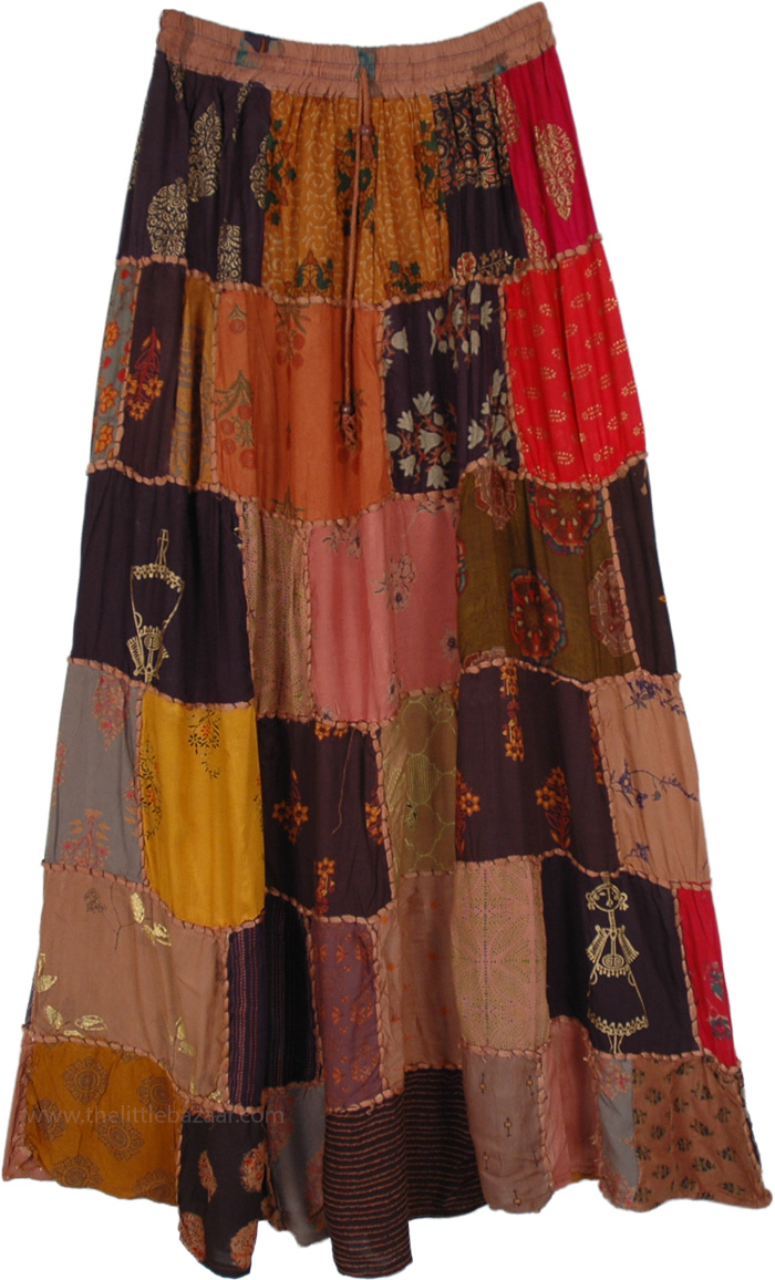 indian Hues Contemporary Square Dori Patchwork Patterned Long Skirt