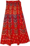 Ethnic Block Print Cotton Wrap Skirt in Red