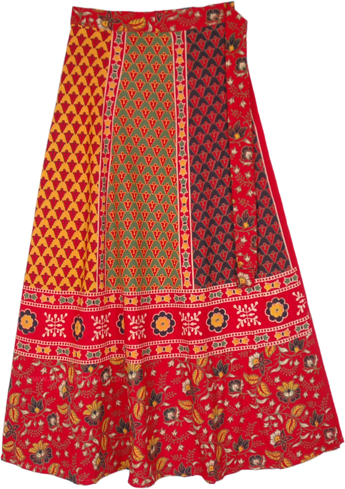 Floral Ethnic Spanish Red Cotton Wrap Around Skirt