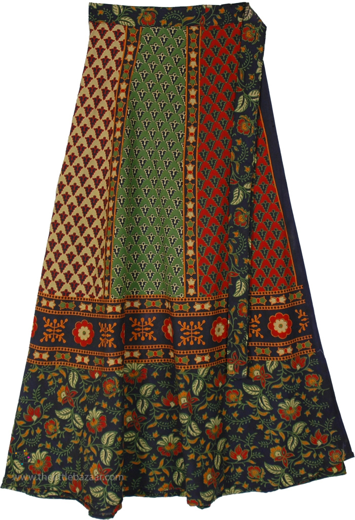 Ethnic Floral Crimson Green Cotton Wrap Skirt