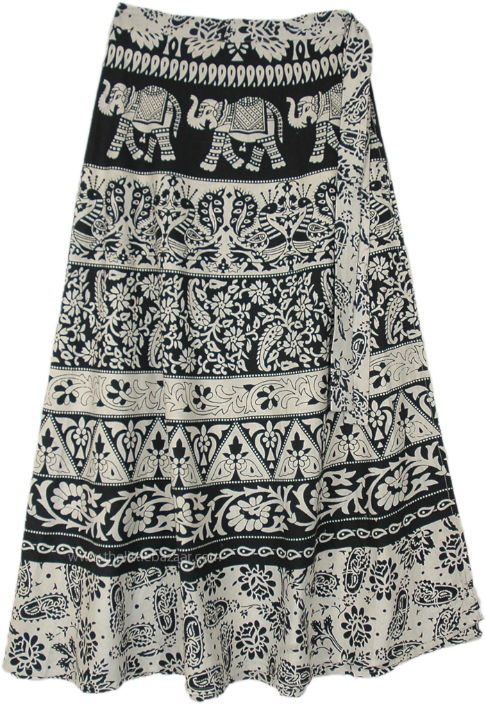 Black White Flora and Fauna Wrap Around Skirt