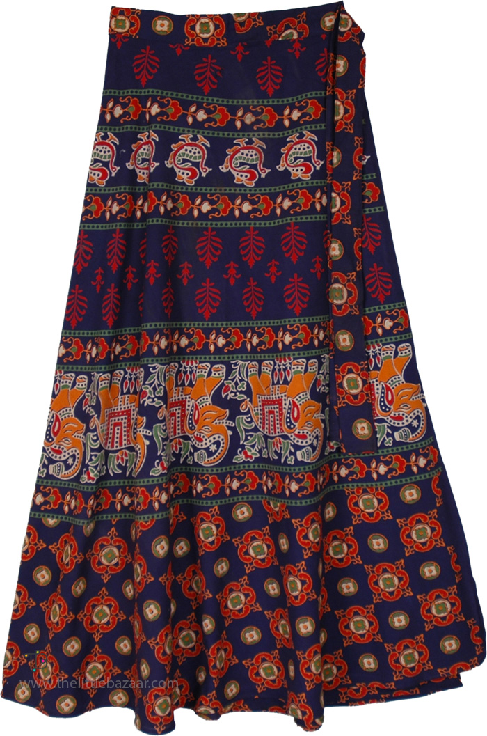 Midnight Navy Ethnic Print Long Wrap Skirt