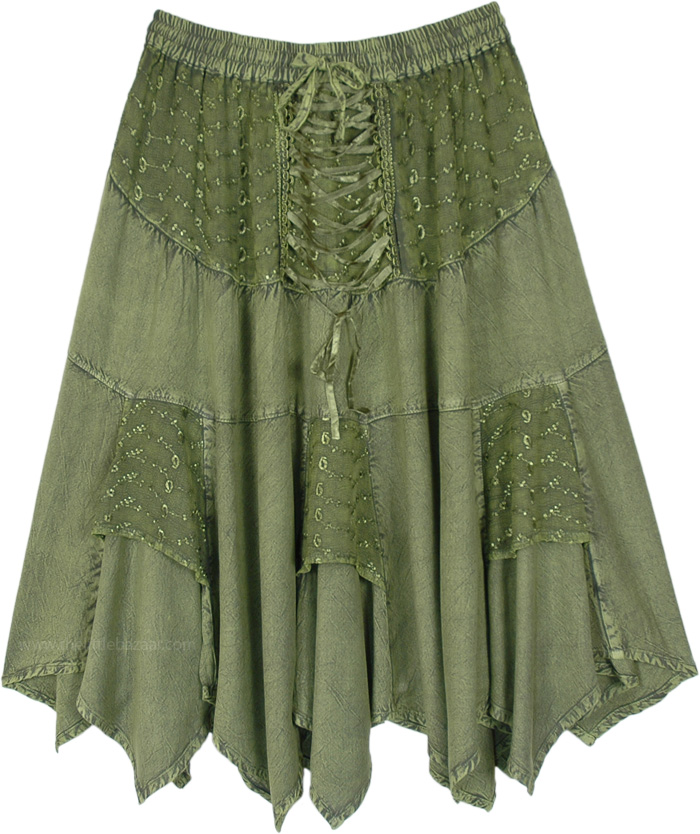 Vintage Green Hanky Hem Mid Length Rayon Skirt