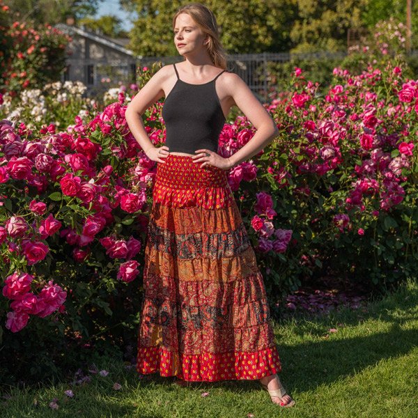 bohemian skirts and dresses for Women Trendy Ruffle Smocked High Waist Stretch Skirts Fashion Vintage Floral Boho Maxi Skirts Black : Clothing, Shoes & Jewelry The lace Maxi Skirt Purple Boho Gathered