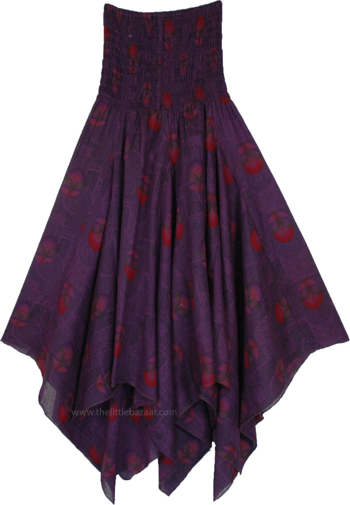Violet Haze Smocked Asymmetric Skirt with Flower Motifs