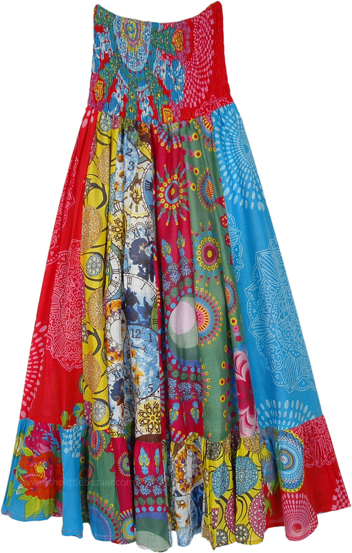 Hippie Carnival Multi Print Dress Skirt with Smocking Waist