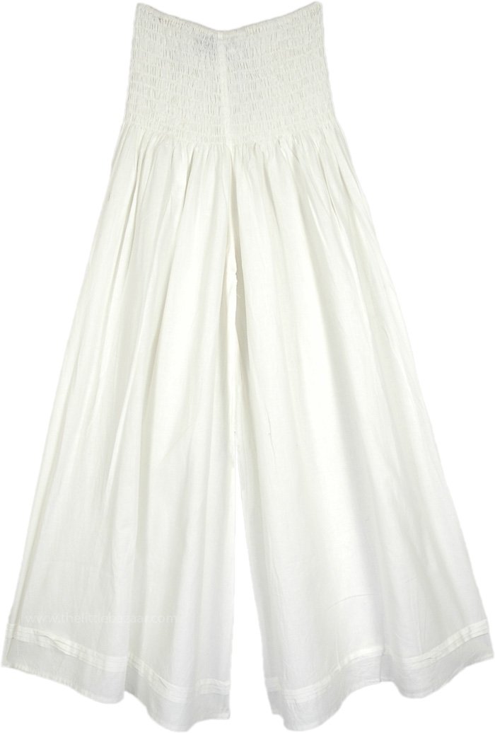 Pigeon White Wide Leg Pants in Light Cotton with Smocked Waist