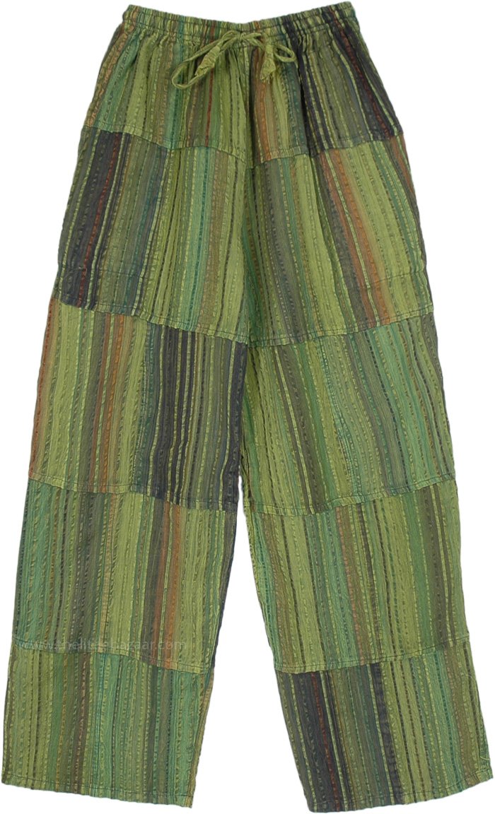 Seaweed Striped Bohemian Cotton Unisex Pants in Shaded Green