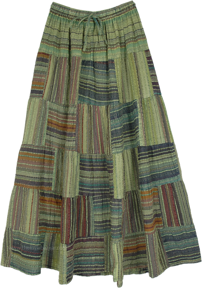 Raddish Stripes Cotton Patchwork Skirt in Olive Green