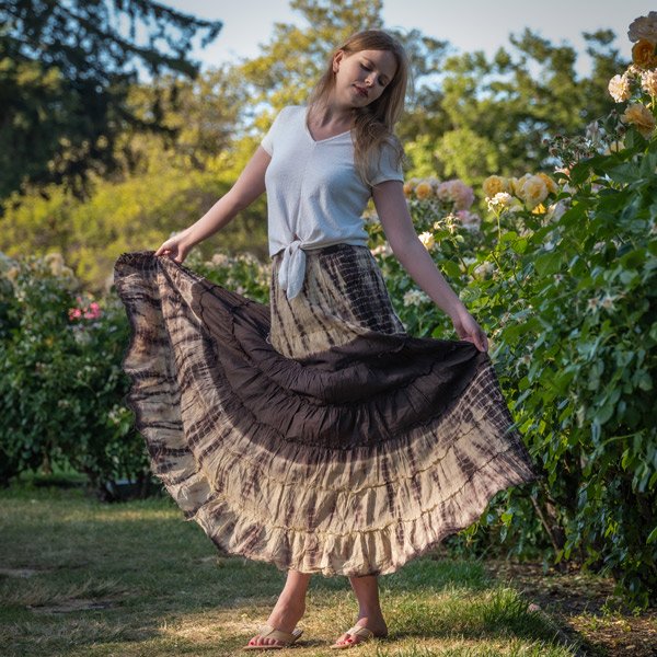 Woody Brown Tie Dyed Tiered Cotton Maxi Skirt