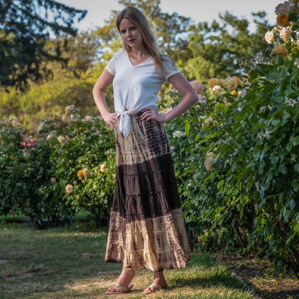 Woody Brown Tie Dyed Tiered Cotton Maxi Skirt | Brown | Tie-Dye ...