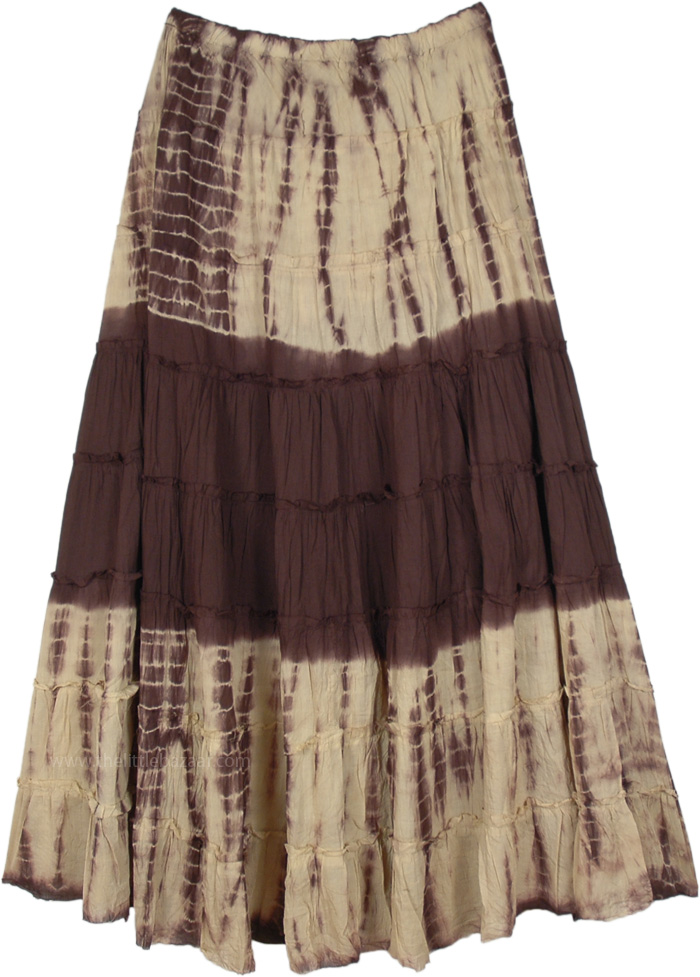Woody Brown Tie Dyed Tiered Cotton Maxi Skirt