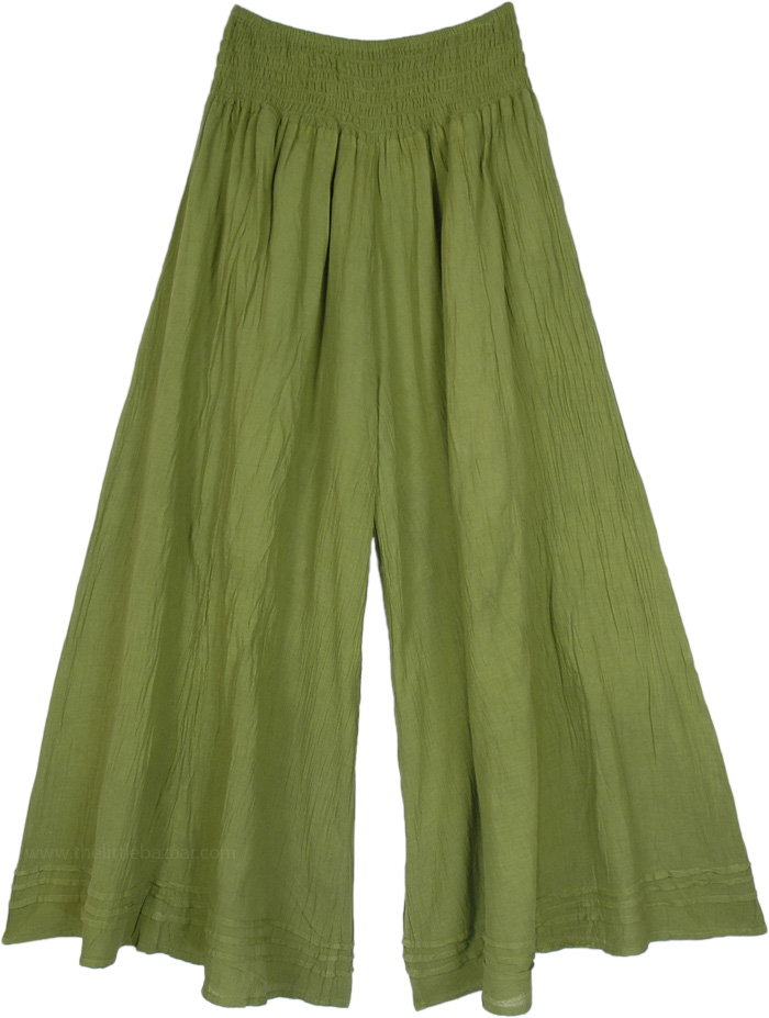 Olive Green Wide Leg Shirred Waist Palazzo Pants | Green | Split-Skirts ...