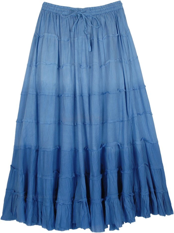 Ombre Blue Blush Tiered Cotton Long Skirt