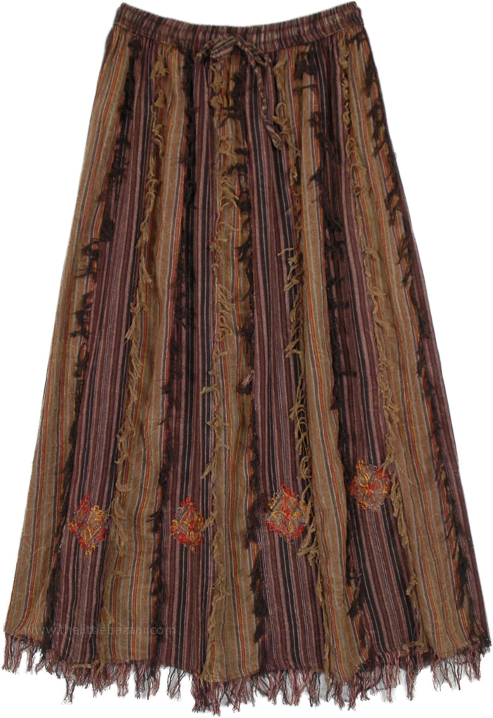 Boho Land Patchwork Skirt with Thread Fringes and Embroidery