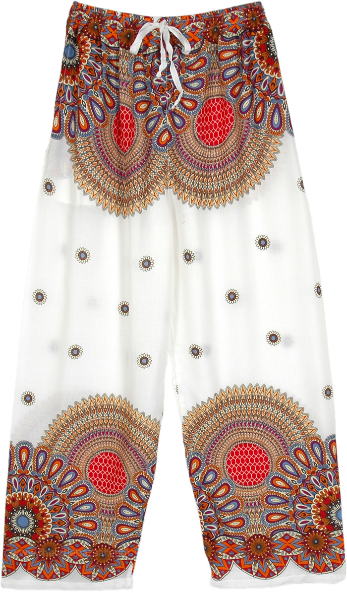 Paradise Flowers White Straight Leg Mandala Pants