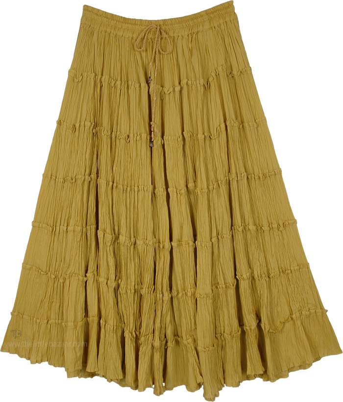 Mustard Crinkled Broomstick Tiered Midi Skirt