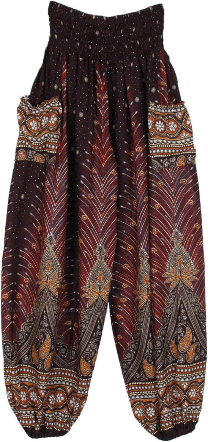 Black Brown Ethnic Peacock Printed Smocked Harem Pants