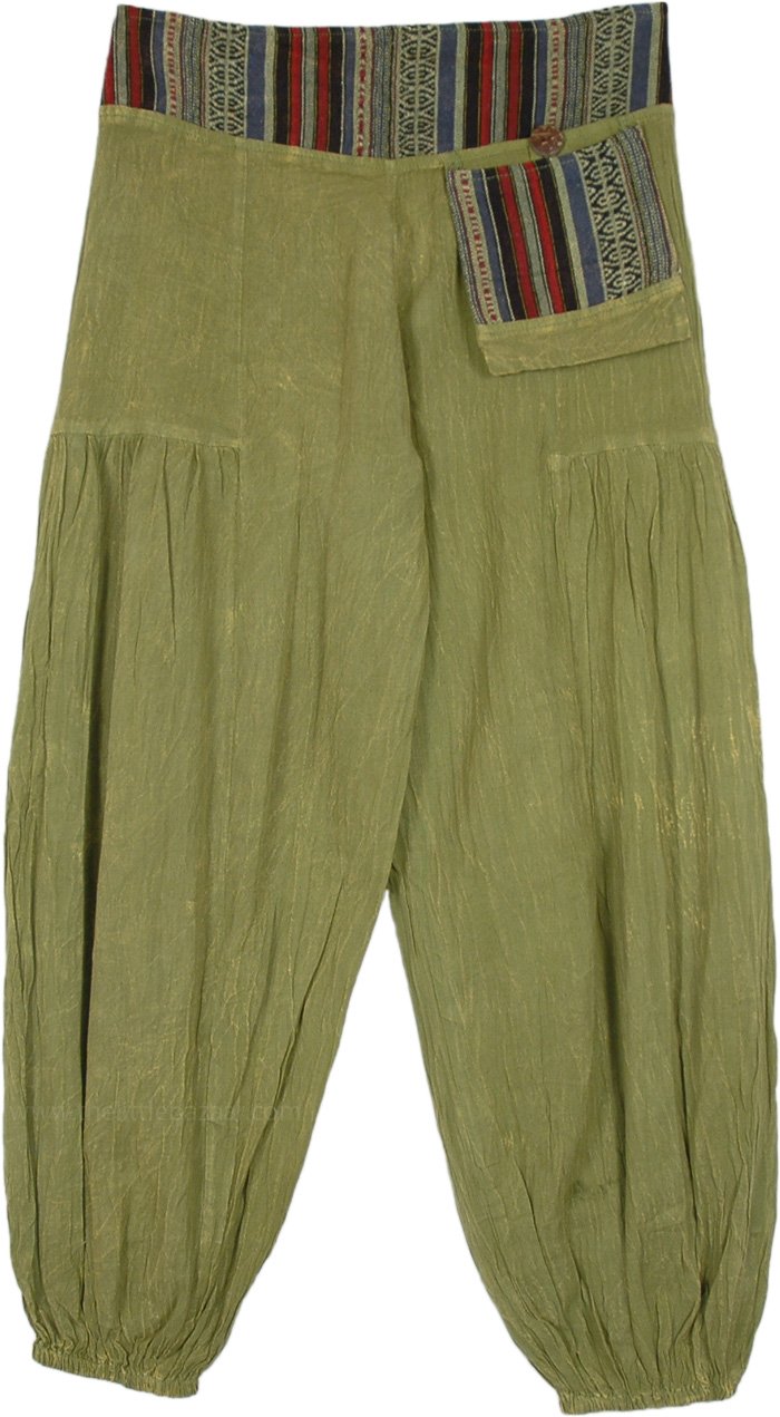Olive Cotton Gypsy Harem Pants with Waist Pocket