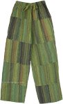 Extra Long Seaweed Striped Bohemian Cotton Pants in Shaded Green