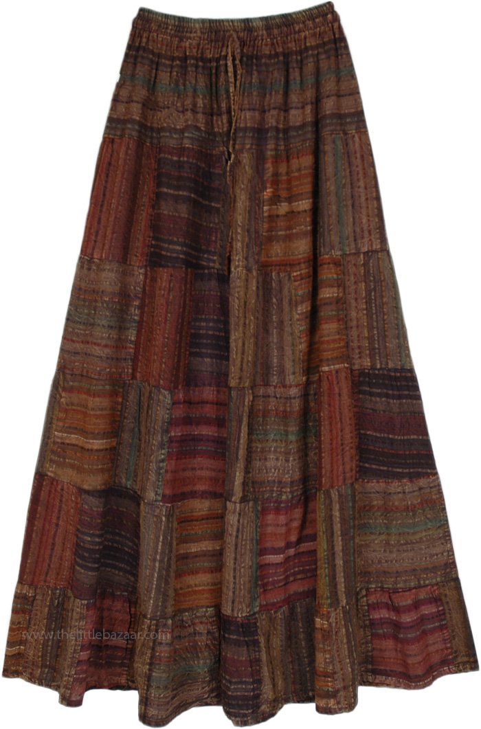 XL Striped Patchwork Gypsy Long Skirt in Earth Tones