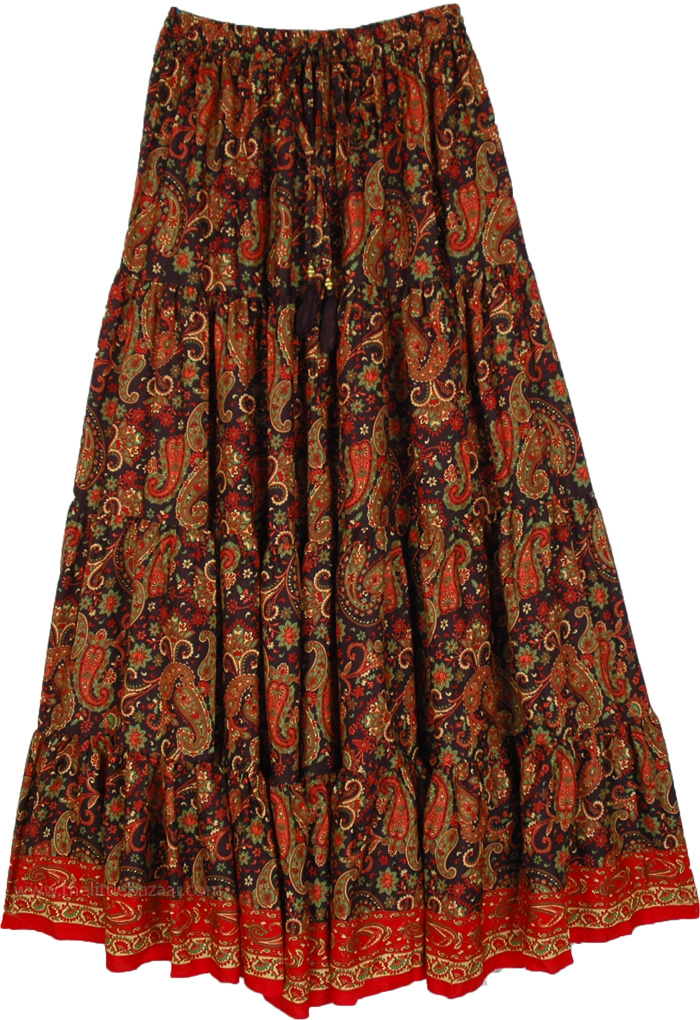 Fiery Festive Paisley Pattern Boho Long Skirt | Black | Floral, Printed ...