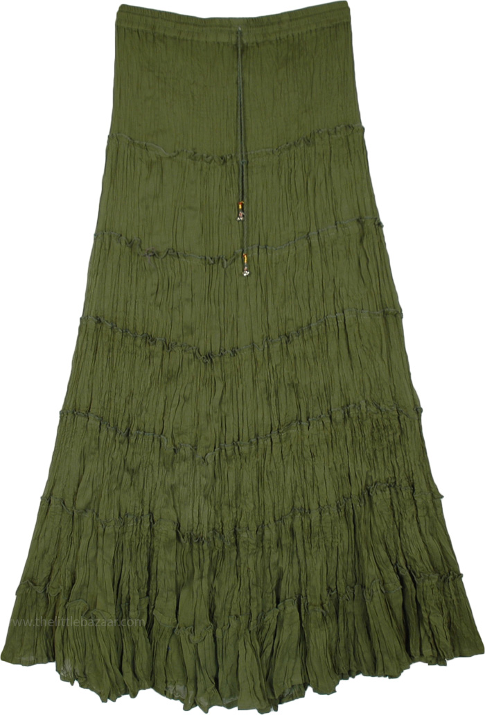 Forest Beauty Broomstick Seven Tiered Cotton Skirt Green Crinkle, Tall, TieredSkirt, Maxi
