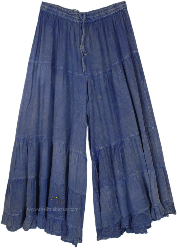 Blue Jeans Stonewashed Boho Wide Leg Tiered Pants