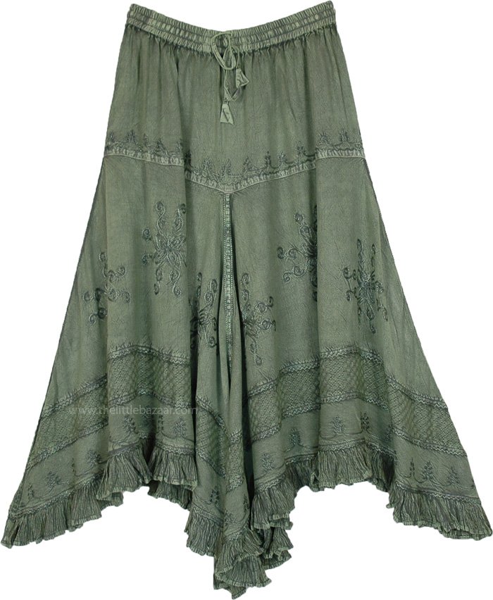 Basil Bird High Low Green Flowy Skirt