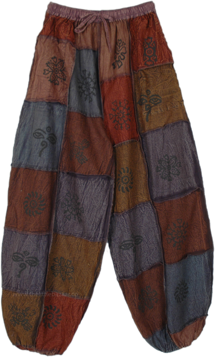 Mudstone Mixed Patchwork Harem Pants with Drawstring Elastic Waist