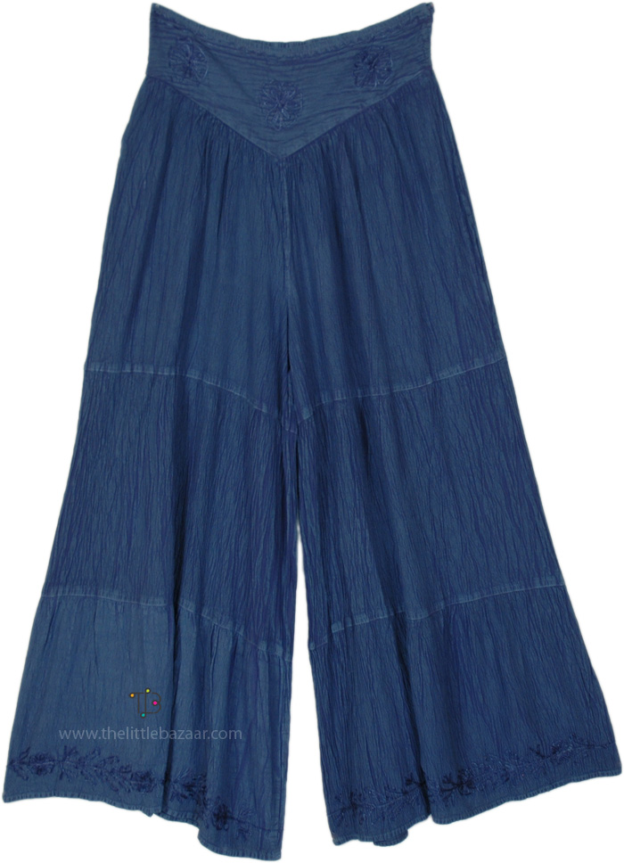 Denim Blue Washed Wide Leg Boho Pants