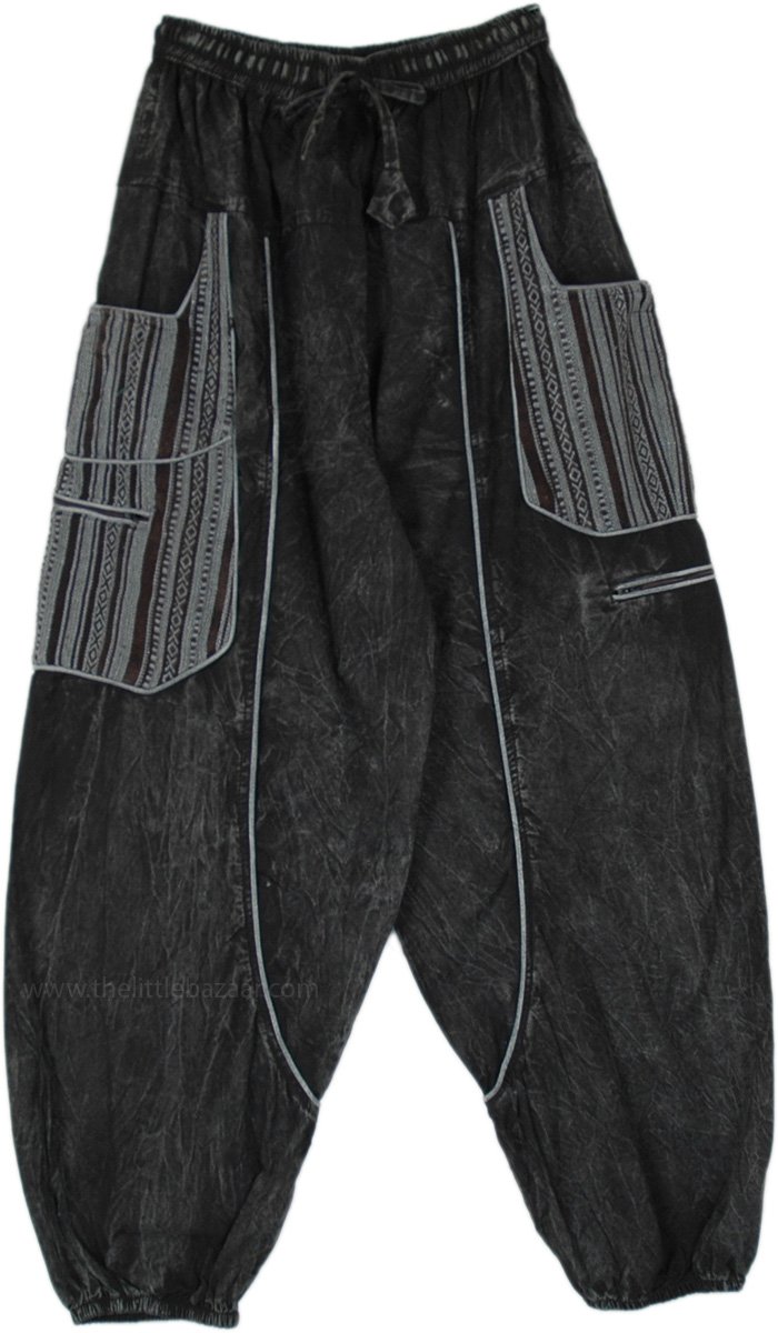 Black Grey Piped Harem Style Hippie Pocket Pants