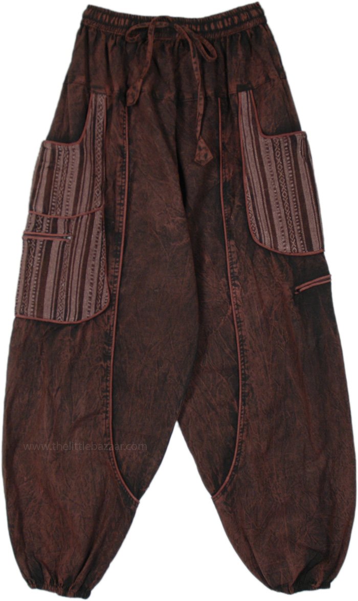 Cola Brown Piped Harem Style Hippie Pocket Pants