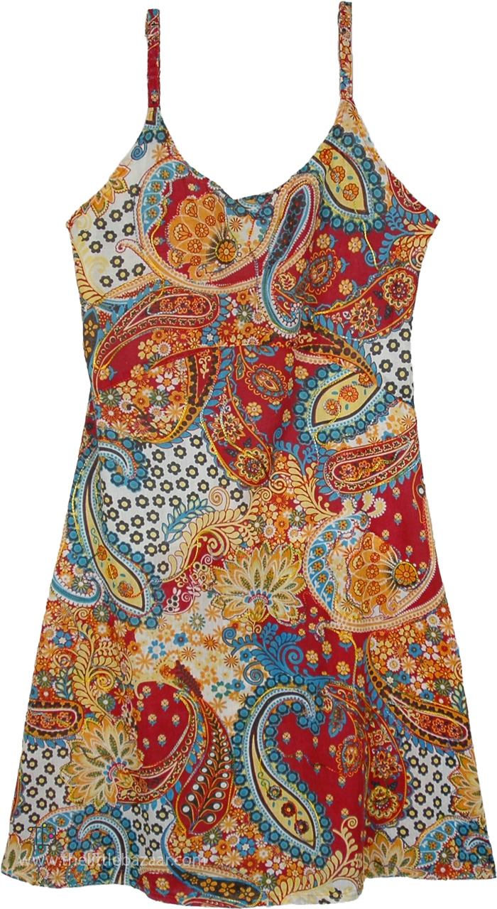 Red Paisley Paradise Cotton Dress with Embroidery