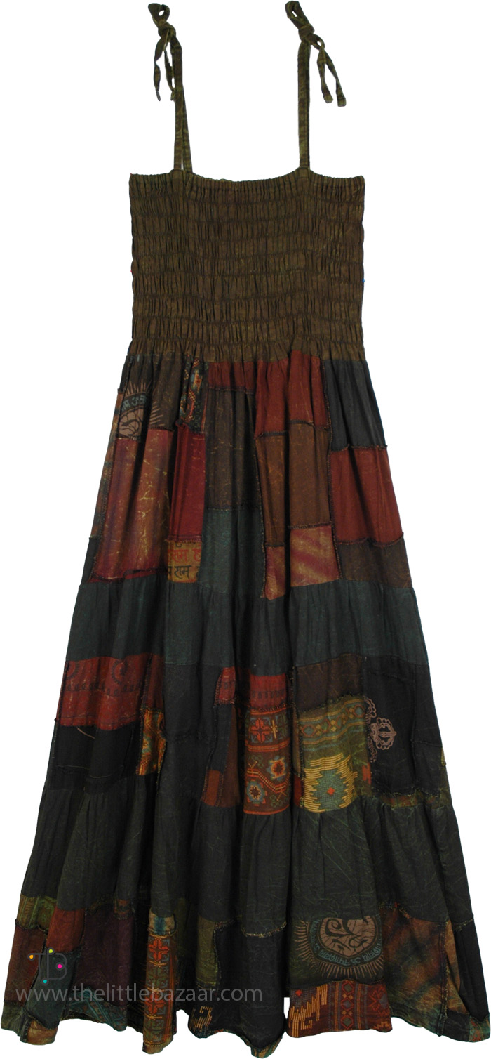 Birch Brown Patchwork Boho Long Dress Skirt