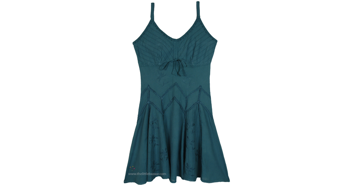 Tropical Teal Knee Length Cotton Sundress-S by TLB Tropical Teal Knee Length Cotton Sundress-S by TLB